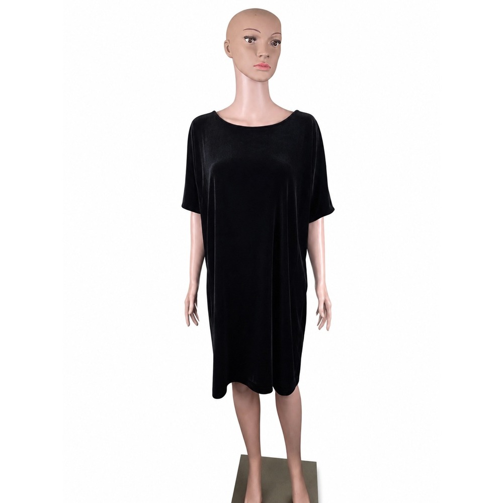 Eileen Fisher Black Velvet Shift Dress M Stretch Short Sleeve Minimalist